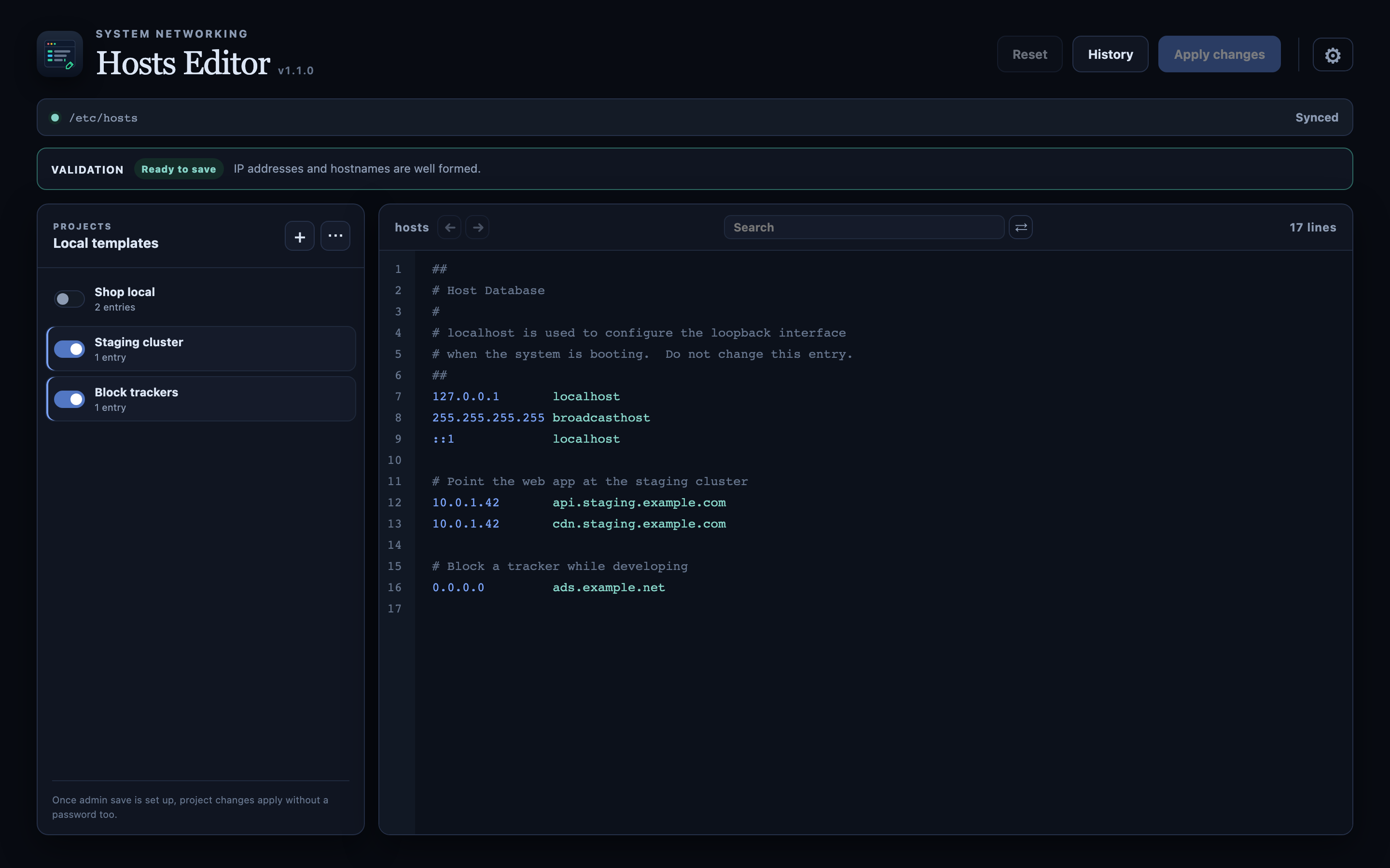 Hosts Editor main window